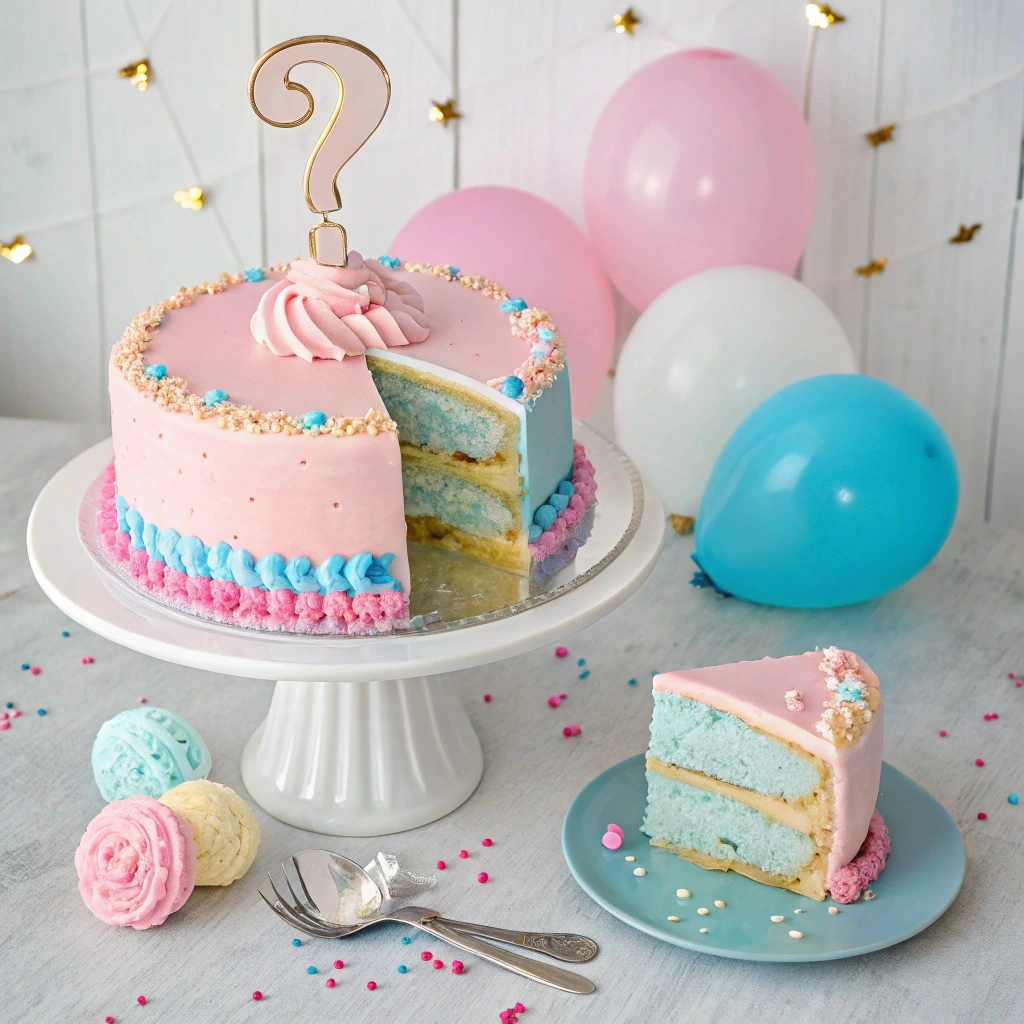 A beautifully decorated gender reveal cake with vibrant pink and blue frosting, symbolizing the excitement of a gender reveal celebration.