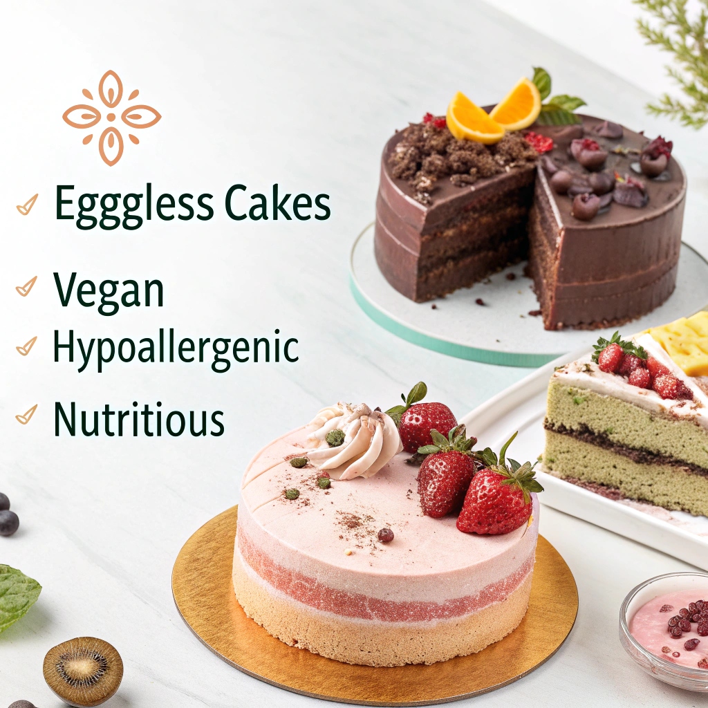 Delicious eggless cake decorated with fresh fruits, perfect for dietary needs.