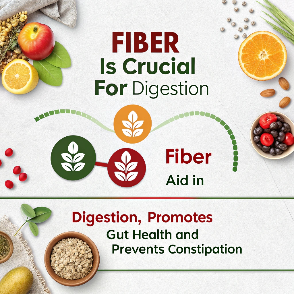 A visual representation of fiber-rich foods like whole grains, fruits, and vegetables, alongside a healthy gut illustration emphasizing digestion benefits.