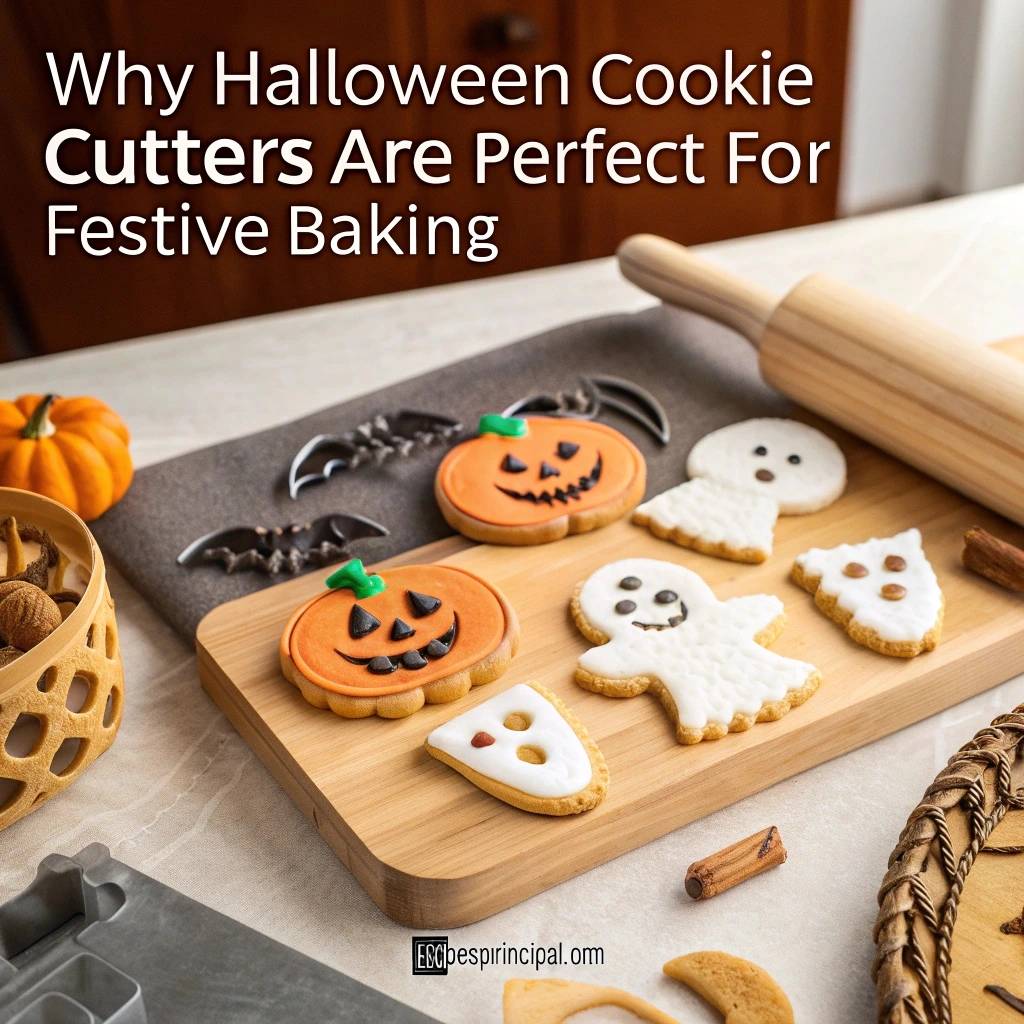 A collection of fun Halloween-themed cookie cutters, including shapes like pumpkins, ghosts, bats, and witches, placed on a wooden countertop with dough and cookies in progress.