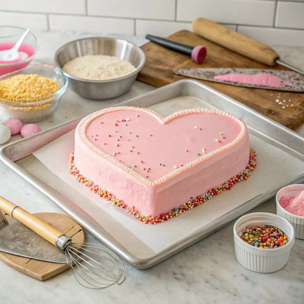 Homemade heart-shaped cake surrounded by baking tools, showcasing creativity and simplicity without a special pan.