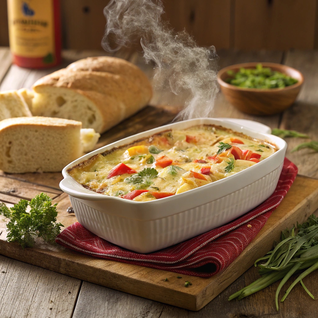 A golden-brown casserole dish filled with a creamy Schnucks cream cheese mixture, topped with melted cheese and fresh herbs.