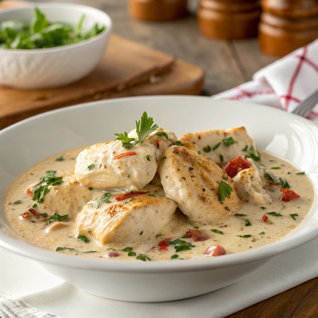 A plate of creamy chicken covered in a rich Schnucks cream cheese sauce, garnished with fresh herbs.