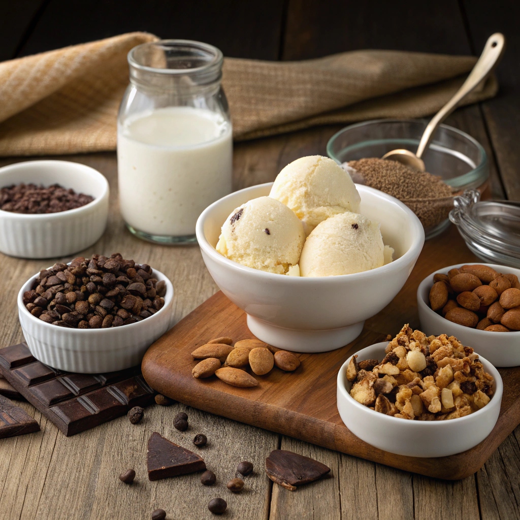 A collection of fresh ingredients, including heavy cream, milk, sugar, vanilla, and chocolate, arranged for making the best small-batch Journeyman Ice Cream.