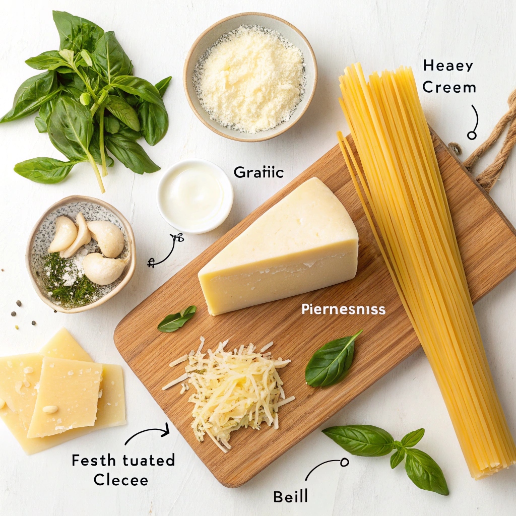 A selection of ingredients for creamy pasta, including Schnucks Cream Cheese, Parmesan, butter, garlic, and pasta