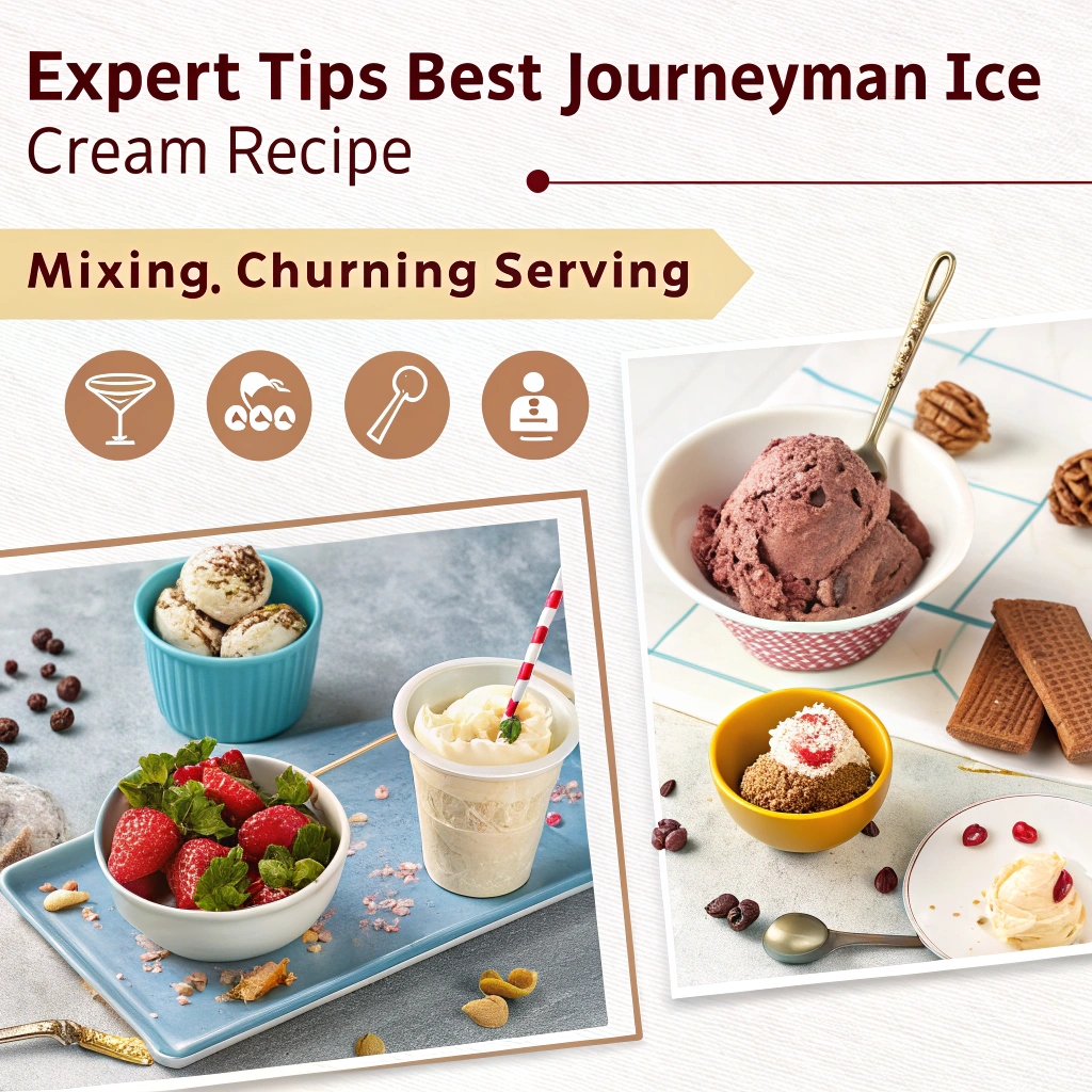  A bowl of perfectly textured Journeyman Ice Cream with a spoon, alongside key tips for achieving the best homemade results.