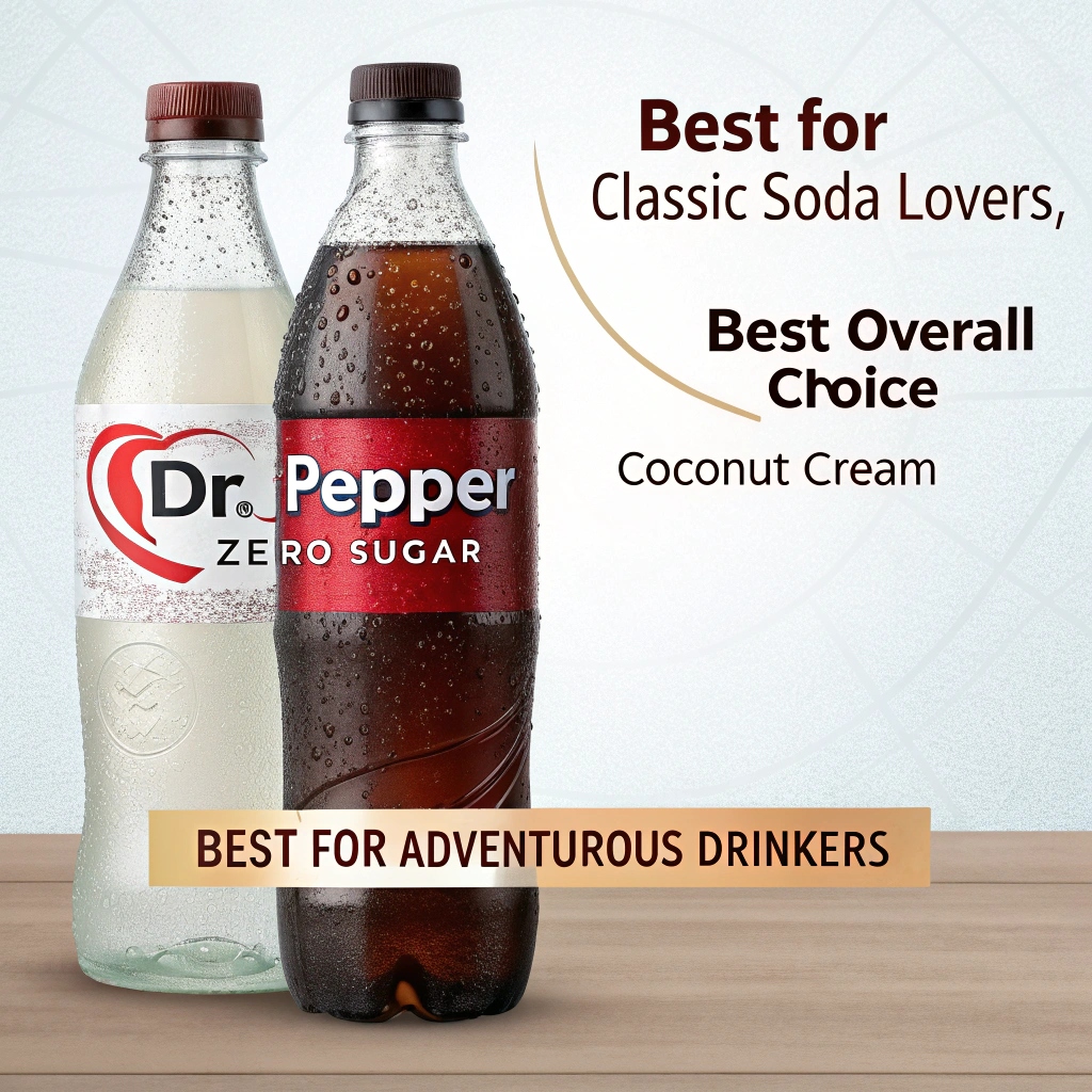 A side-by-side image of Dr Pepper Zero Sugar and Coconut Cream Flavor bottles, with a "Final Verdict" label, suggesting a decision-making process.