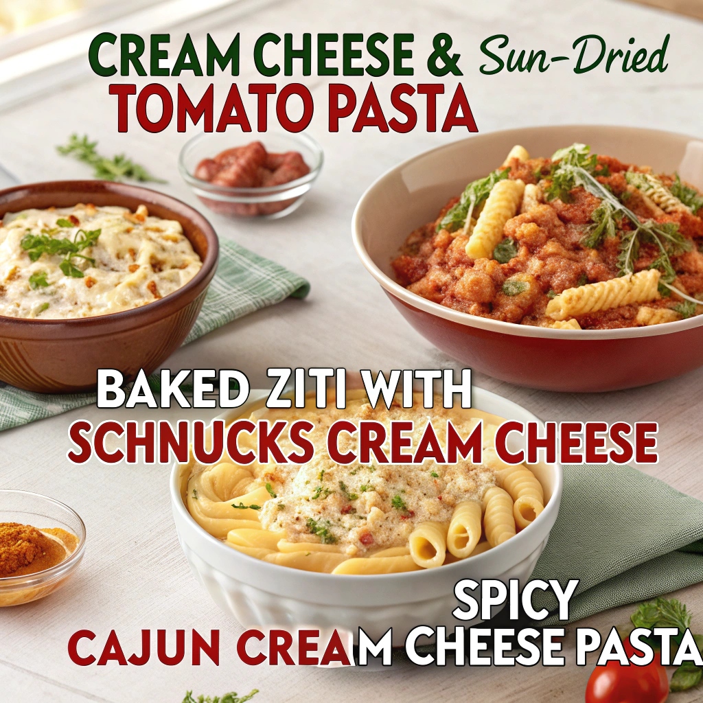 A bowl of creamy pasta made with Schnucks cream cheese, topped with sun-dried tomatoes and fresh herbs.