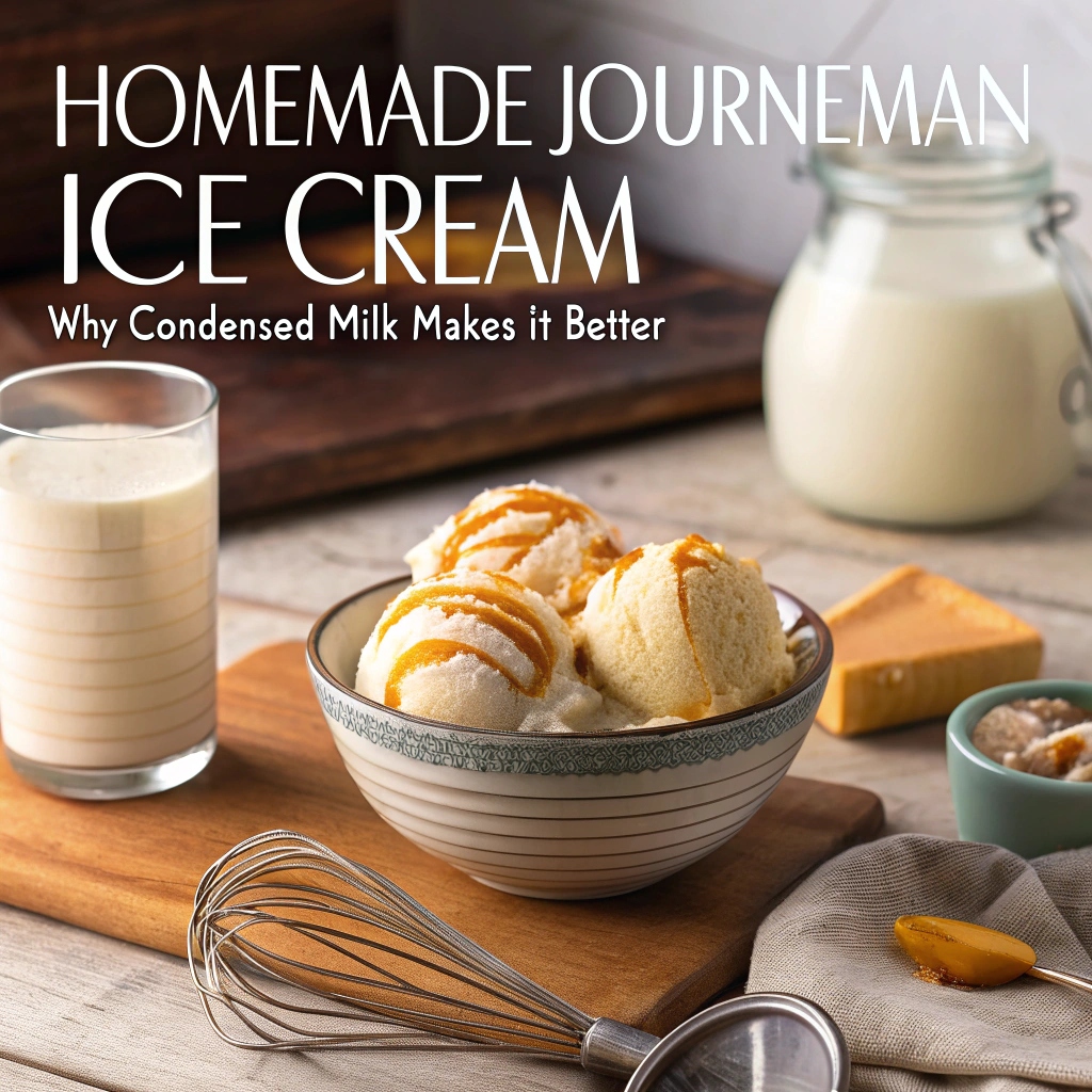 A creamy scoop of homemade Journeyman Ice Cream in a bowl, highlighting its rich texture and smooth consistency, made with condensed milk.