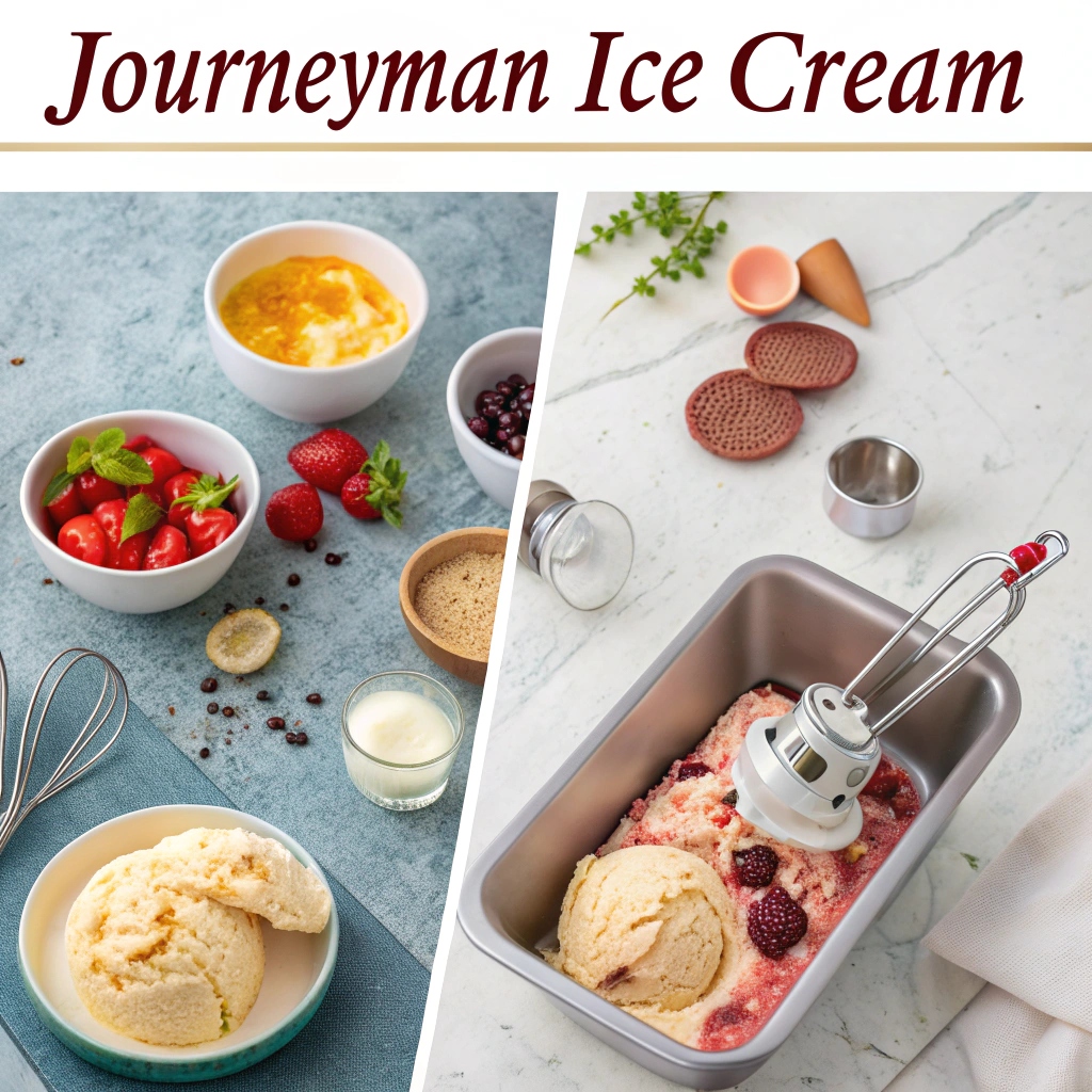 A step-by-step process of making Journeyman Ice Cream, from mixing ingredients to churning and freezing, resulting in a creamy homemade treat.