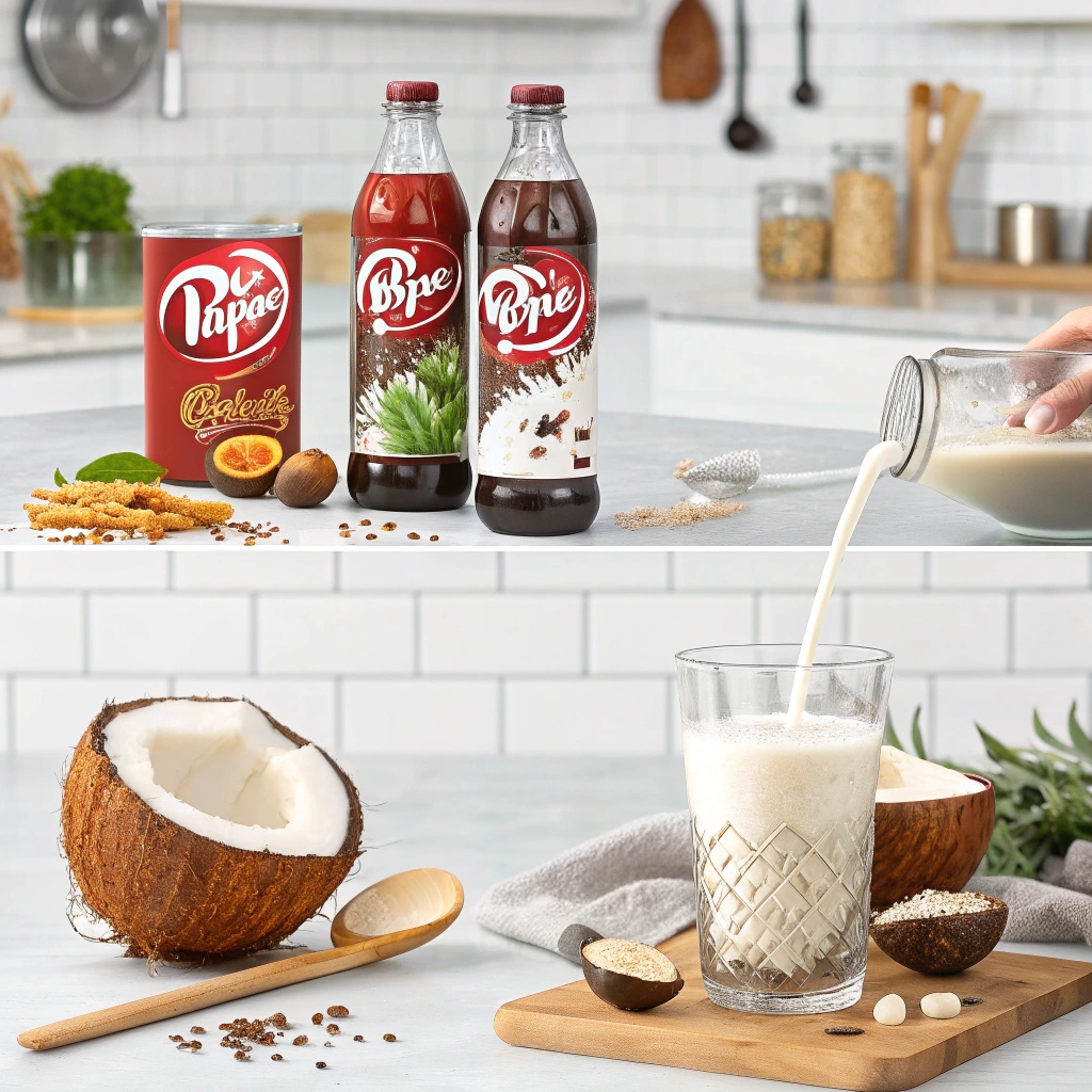 Close-up of Dr Pepper Zero, coconut cream, and low-carb sweeteners placed on a counter as ingredients for a homemade drink.