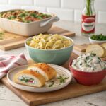 A spread of savory dinner dishes made with Schnucks cream cheese, including creamy pasta, stuffed vegetables, and hearty casseroles.