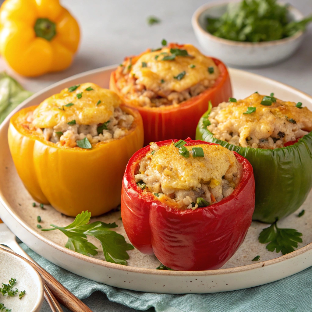 A platter of stuffed bell peppers, zucchini boats, and mushrooms filled with a creamy Schnucks cream cheese mixture, garnished with fresh herbs.