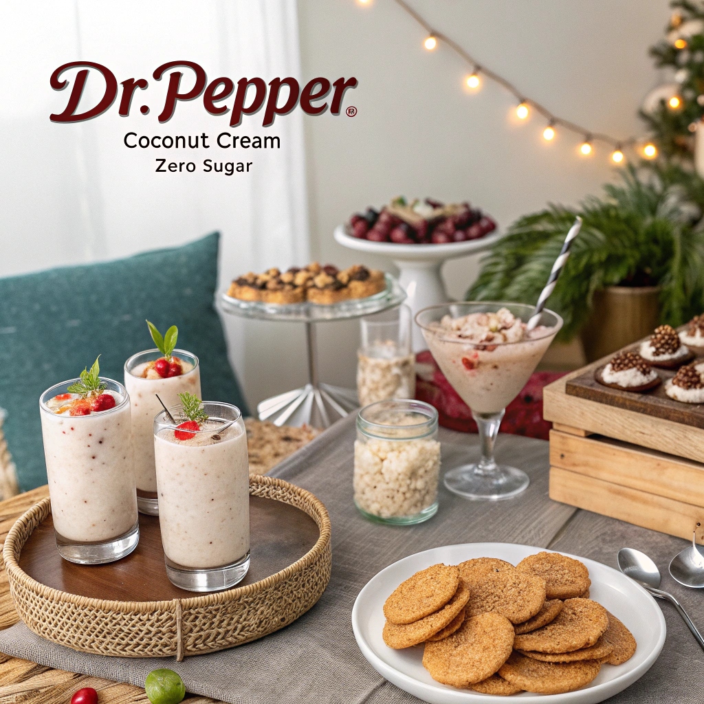 Dr Pepper Coconut Cream Zero Sugar served in a stylish glass with a garnish of lime, mint leaves, and ice cubes, perfect for any occasion.