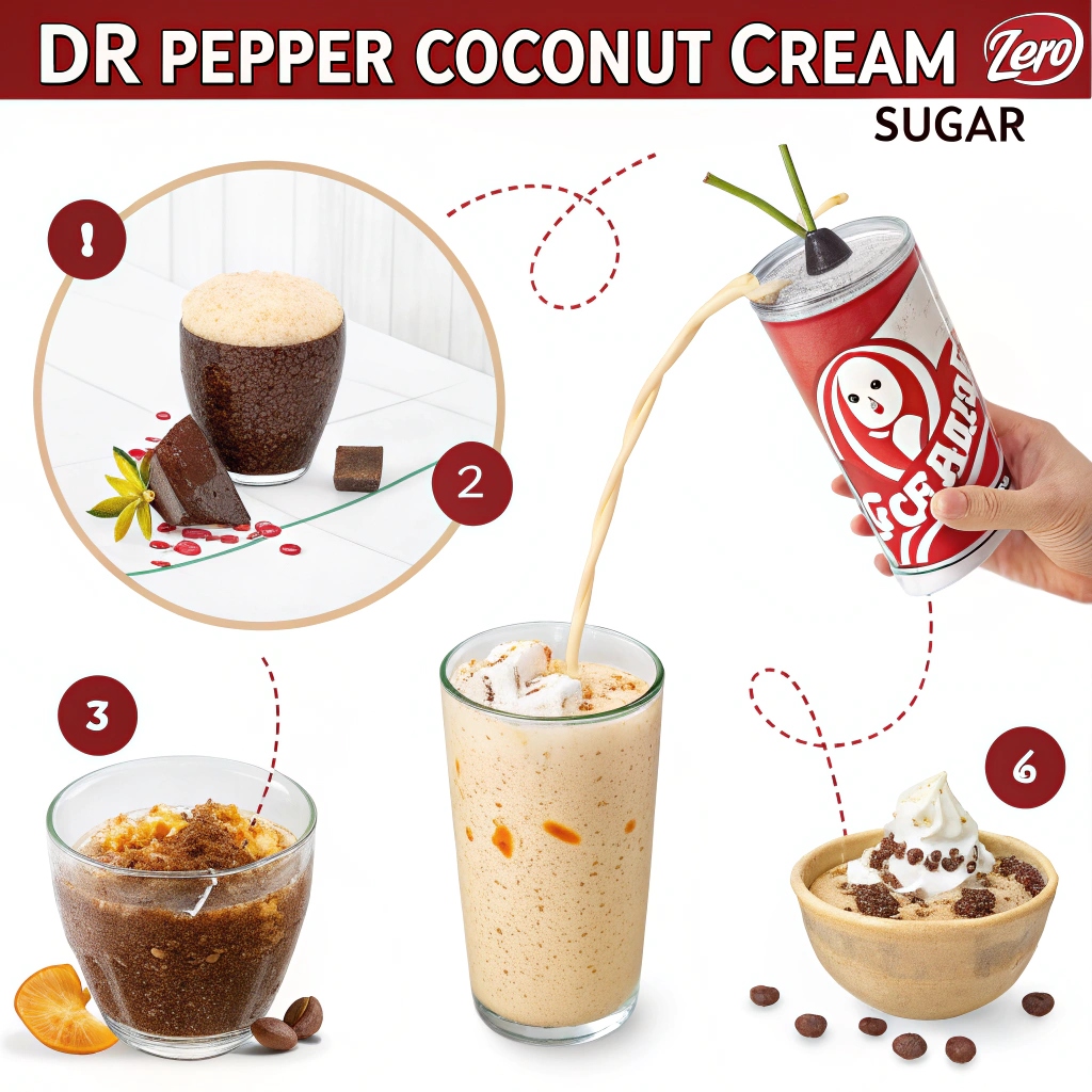 Step-by-step process of making Dr Pepper Coconut Cream Zero Sugar: pouring Dr Pepper Zero into a glass, mixing in coconut cream, and stirring.