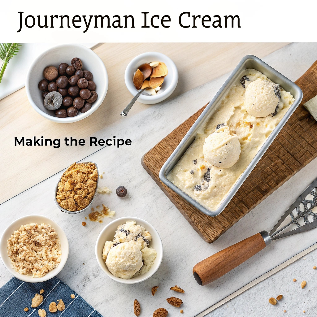 A step-by-step process of making homemade Journeyman Ice Cream, showing ingredients, mixing, and freezing for a creamy final result.