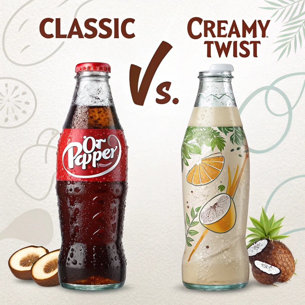 Side-by-side bottles of Dr Pepper Classic and Dr Pepper Coconut Cream, highlighting the taste comparison between the two flavors.