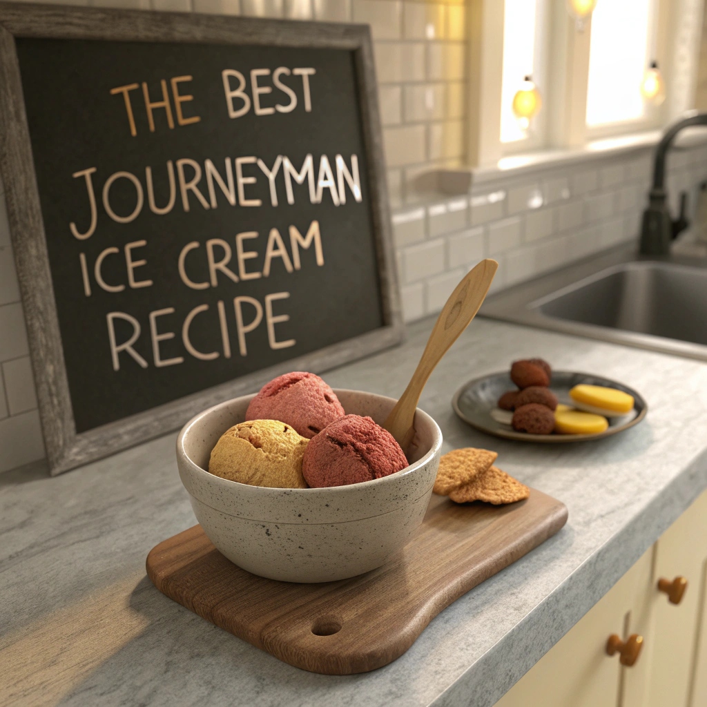 A creamy scoop of homemade Journeyman Ice Cream in a bowl, garnished with fresh ingredients, showcasing its rich texture and small-batch quality.