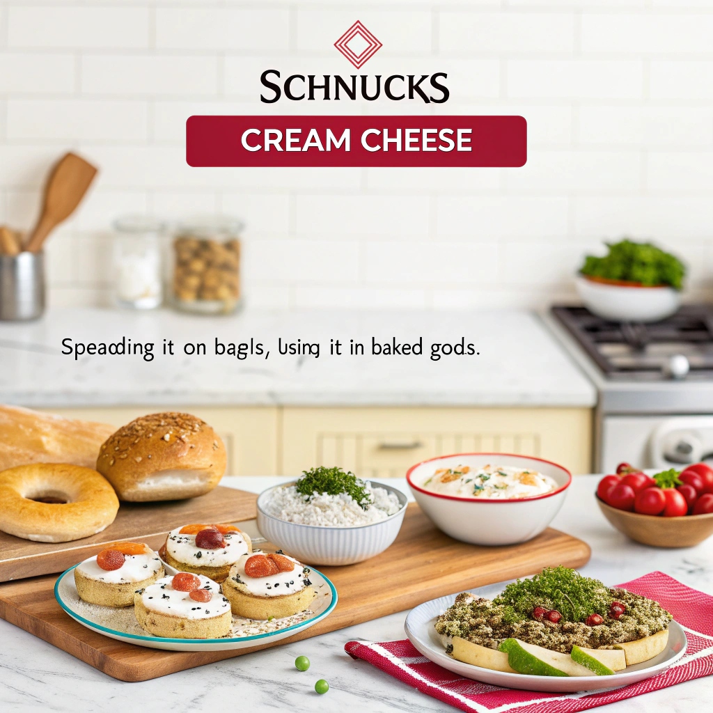 A bowl of smooth Schnucks cream cheese next to a whisk, fresh herbs, and cooking ingredients.