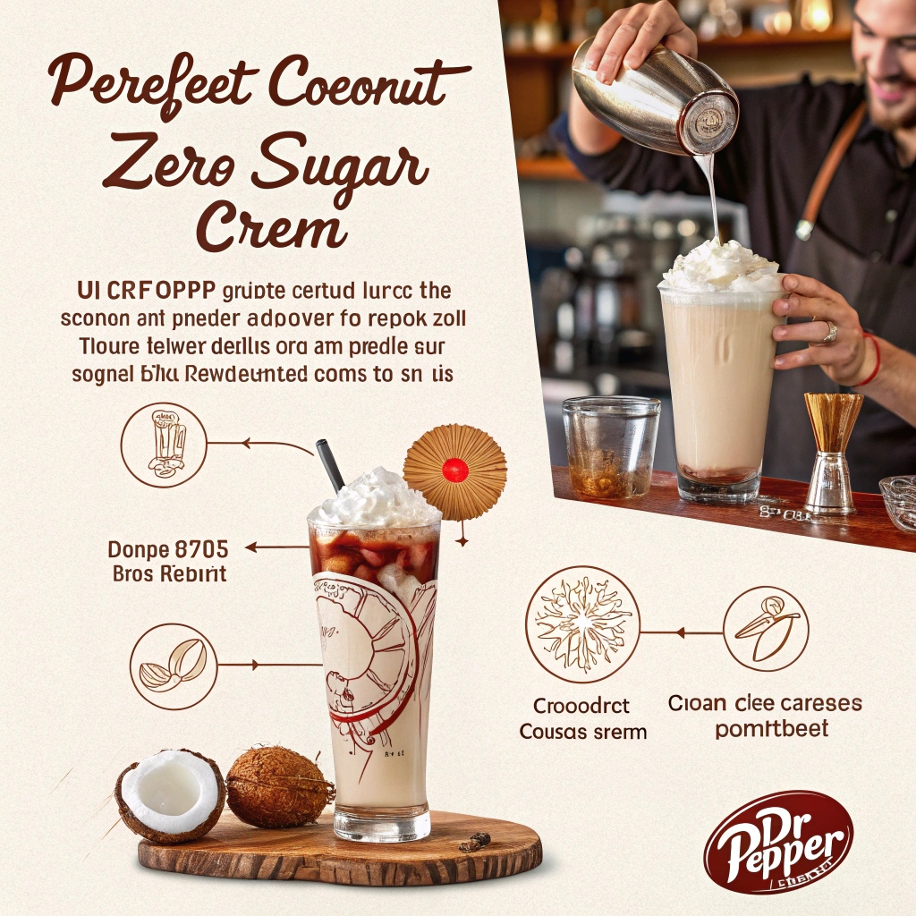 Close-up of a perfectly made Dr Pepper Coconut Cream Zero Sugar, topped with coconut shavings and a lime slice, showcasing tips for perfecting the drink.