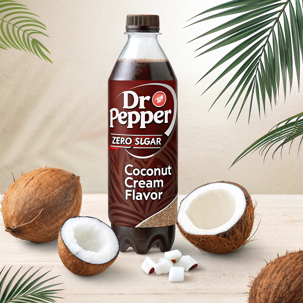 Dr Pepper Zero Sugar Coconut Cream Flavor bottle with a vibrant background, showcasing the unique flavor combination.