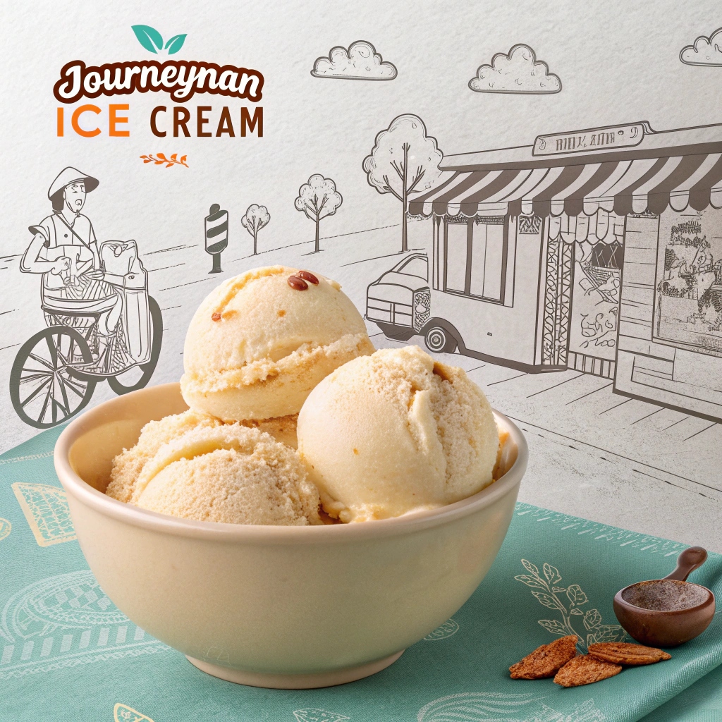  A bowl of Journeyman Ice Cream with a rich, creamy texture, showcasing its unique homemade quality and classic ingredients.