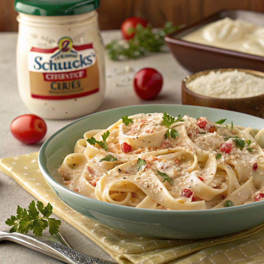 Close-up of creamy pasta made with Schnucks Cream Cheese, garnished with Parmesan and fresh herbs.